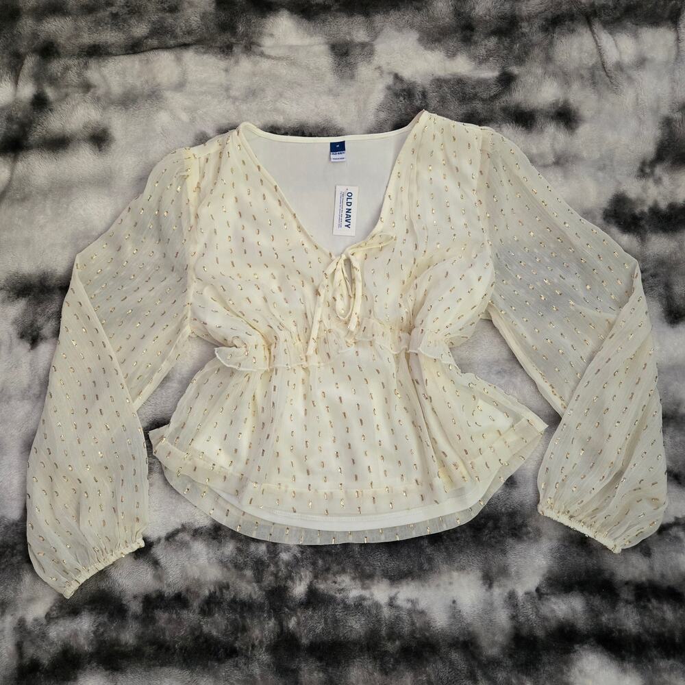 Old Navy Gold Dot Sheer Blouse Cream V Neck Tie Long Sleeve Women's Medium NWT